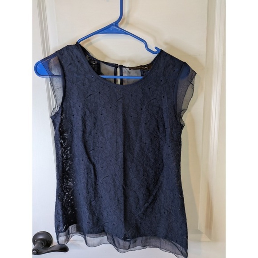 The Limited Navy Blue Floral Lace Sleeveless Blouse Sheer Trim XS